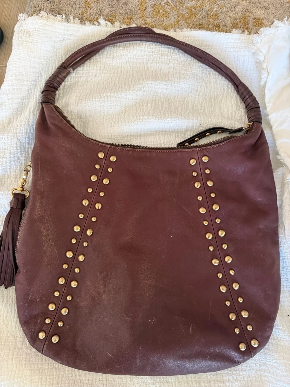 Women's Stud-Accent Leather Hobo Bag - Burgundy